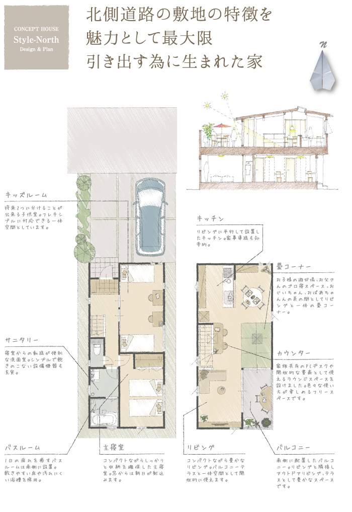 北側道路の敷地の特徴を魅力として最大限引き出す為に生まれた家