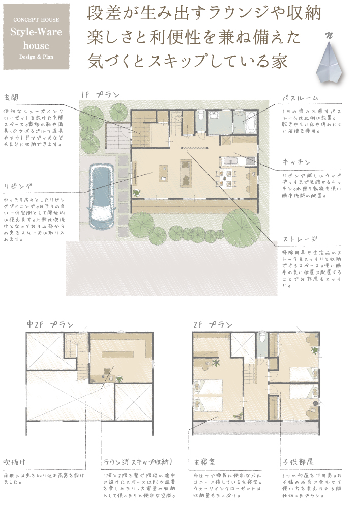 段差が生み出すラウンジや収納楽しさと利便性を兼ね備えた気づくとスキップしている家